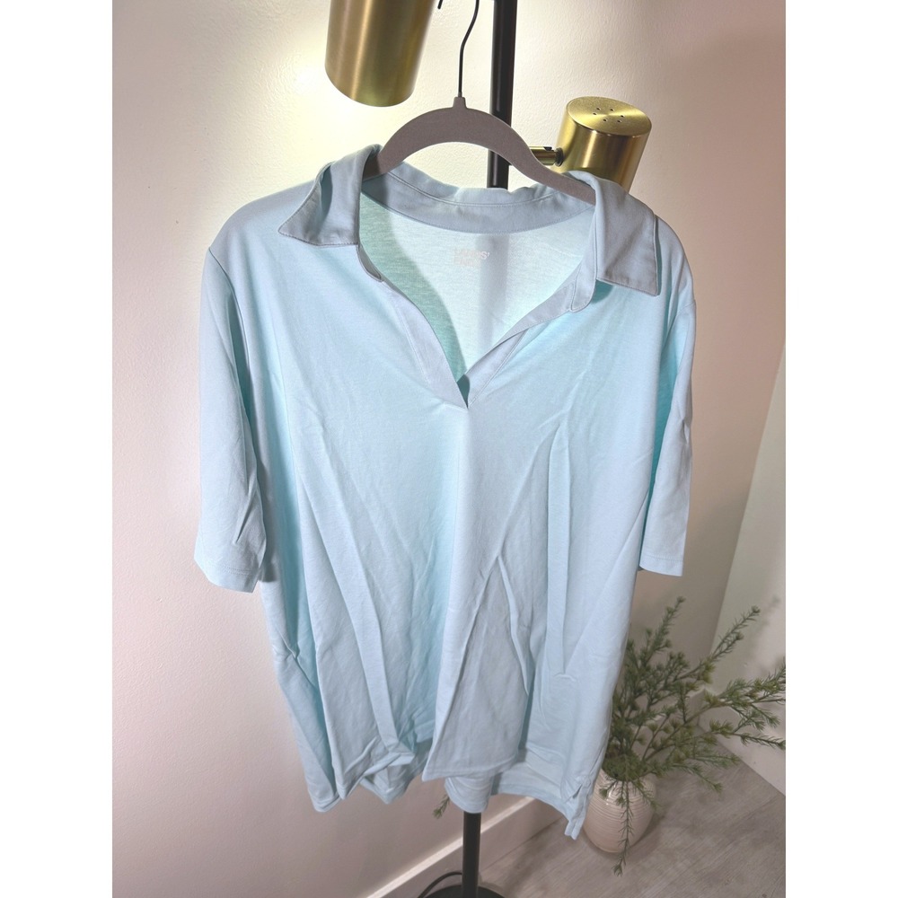 Lands End Mens Light Blue Johnny‎ Collar Short Sleeve V-Neck Polo Shirt RN 62830